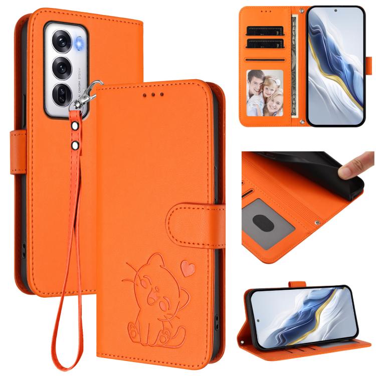 Embossed Heart Cat Leather Phone Case with Hand Strap, For OPPO Reno13 Pro 5G Global, For OPPO Reno13 5G Global, For OPPO Reno13 F 5G Global / 4G India, For OPPO A3x / A3 / A60 5G Global, For OPPO Find X8 5G, For OPPO A80 5G EU / K12x 5G Global        ...
