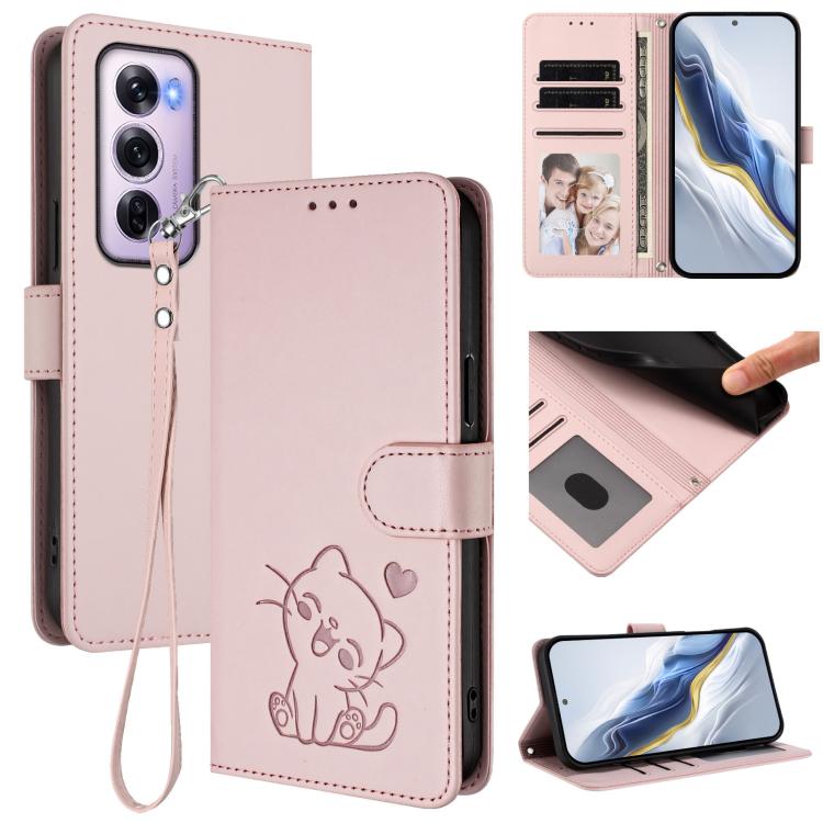 Embossed Heart Cat Leather Phone Case with Hand Strap, For OPPO Reno13 Pro 5G Global, For OPPO Reno13 5G Global, For OPPO Reno13 F 5G Global / 4G India, For OPPO A3x / A3 / A60 5G Global, For OPPO Find X8 5G, For OPPO A80 5G EU / K12x 5G Global        ...