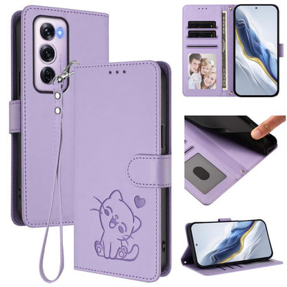 Embossed Heart Cat Leather Phone Case with Hand Strap, For OPPO Reno13 Pro 5G Global, For OPPO Reno13 5G Global, For OPPO Reno13 F 5G Global / 4G India, For OPPO A3x / A3 / A60 5G Global, For OPPO Find X8 5G, For OPPO A80 5G EU / K12x 5G Global        ...
