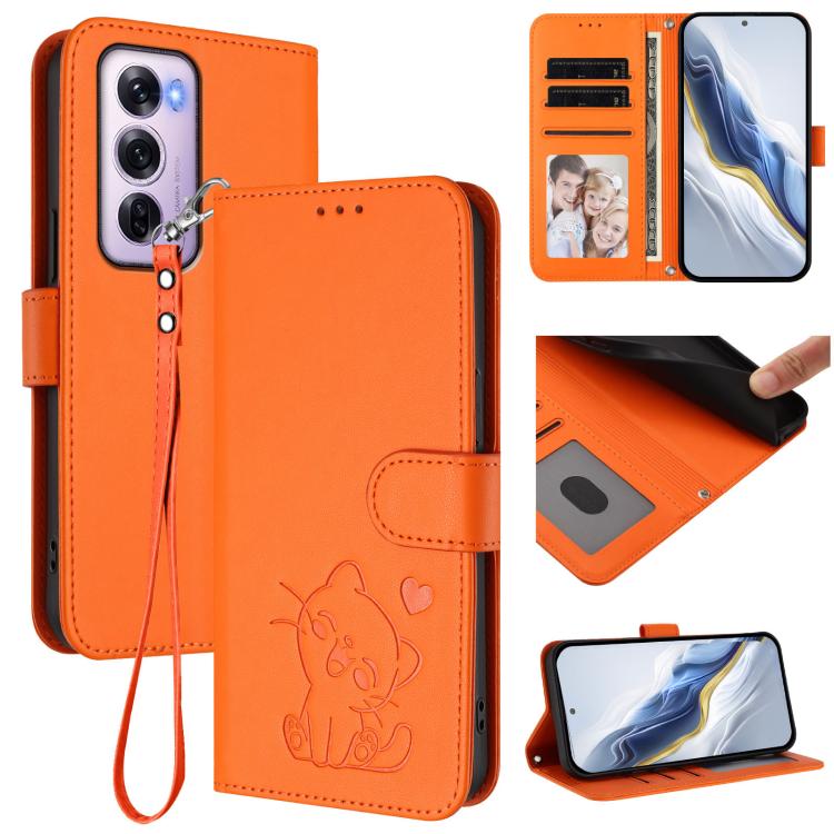 Embossed Heart Cat Leather Phone Case with Hand Strap, For OPPO Reno13 Pro 5G Global, For OPPO Reno13 5G Global, For OPPO Reno13 F 5G Global / 4G India, For OPPO A3x / A3 / A60 5G Global, For OPPO Find X8 5G, For OPPO A80 5G EU / K12x 5G Global        ...