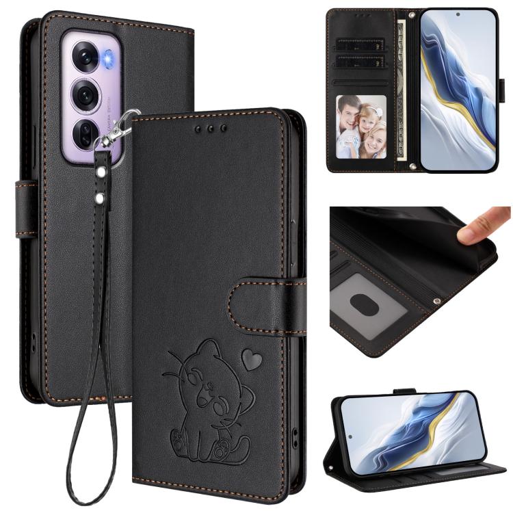 Embossed Heart Cat Leather Phone Case with Hand Strap, For OPPO Reno13 Pro 5G Global, For OPPO Reno13 5G Global, For OPPO Reno13 F 5G Global / 4G India, For OPPO A3x / A3 / A60 5G Global, For OPPO Find X8 5G, For OPPO A80 5G EU / K12x 5G Global        ...