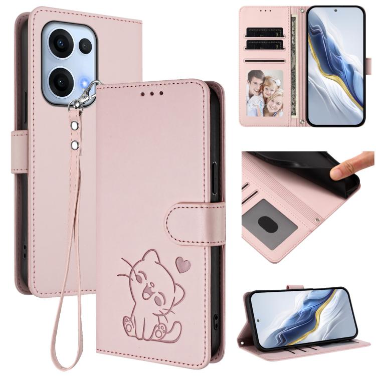 Embossed Heart Cat Leather Phone Case with Hand Strap, For OPPO Reno13 Pro 5G Global, For OPPO Reno13 5G Global, For OPPO Reno13 F 5G Global / 4G India, For OPPO A3x / A3 / A60 5G Global, For OPPO Find X8 5G, For OPPO A80 5G EU / K12x 5G Global        ...