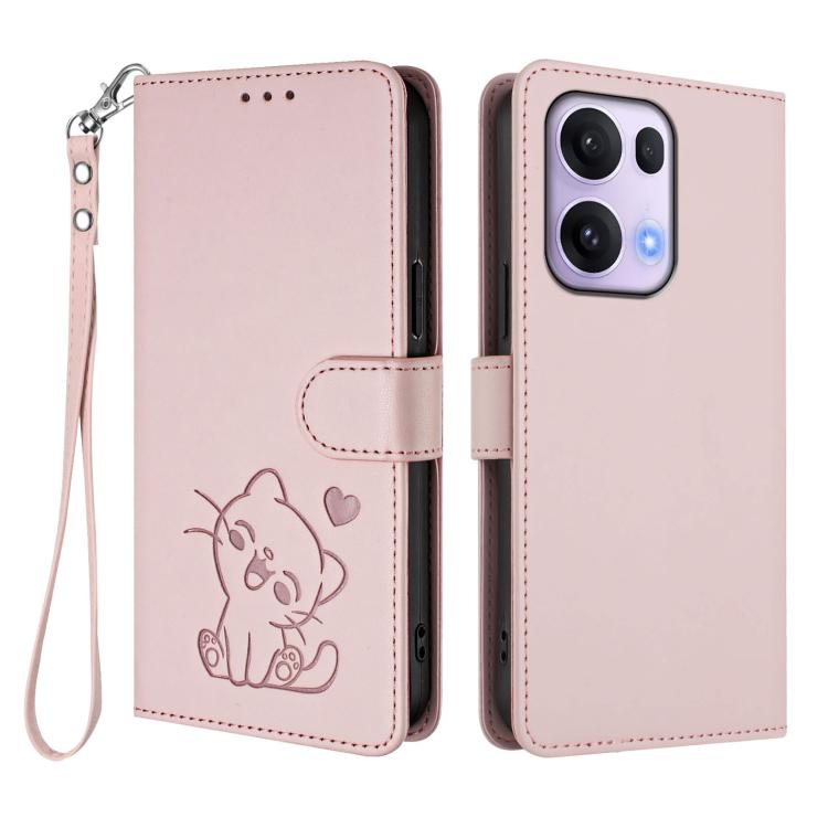 Embossed Heart Cat Leather Phone Case with Hand Strap, For OPPO Reno13 Pro 5G Global, For OPPO Reno13 5G Global, For OPPO Reno13 F 5G Global / 4G India, For OPPO A3x / A3 / A60 5G Global, For OPPO Find X8 5G, For OPPO A80 5G EU / K12x 5G Global        ...