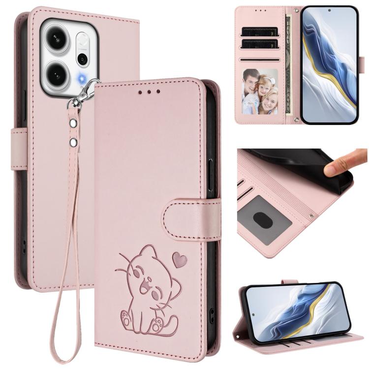 Embossed Heart Cat Leather Phone Case with Hand Strap, For OPPO A5x 5G / 4G Global, For OPPO A5 5G / A3 Pro 5G Global, For OPPO Reno14 Pro 5G, For OPPO Find X8s+ 5G, For OPPO Find X8s 5G, For OPPO Find X8 Ultra 5G, For OPPO A5 Pro 5G / 4G Global       ...