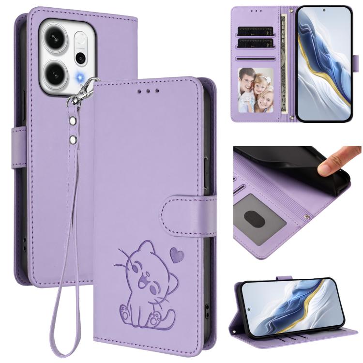 Embossed Heart Cat Leather Phone Case with Hand Strap, For OPPO A5x 5G / 4G Global, For OPPO A5 5G / A3 Pro 5G Global, For OPPO Reno14 Pro 5G, For OPPO Find X8s+ 5G, For OPPO Find X8s 5G, For OPPO Find X8 Ultra 5G, For OPPO A5 Pro 5G / 4G Global       ...