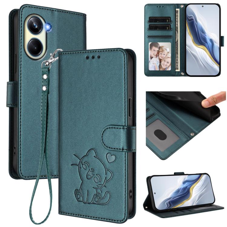 Embossed Heart Cat Leather Phone Case with Hand Strap, For Realme 11 4G Global, For Realme GT5 240W / GT5 5G, For Realme Narzo 60 Pro, For Realme C65 4G Global, For Realme C55 4G Global / Narzo N55, For Realme C33 2023 / 2022, For Realme 10T 5G / 10S 5...
