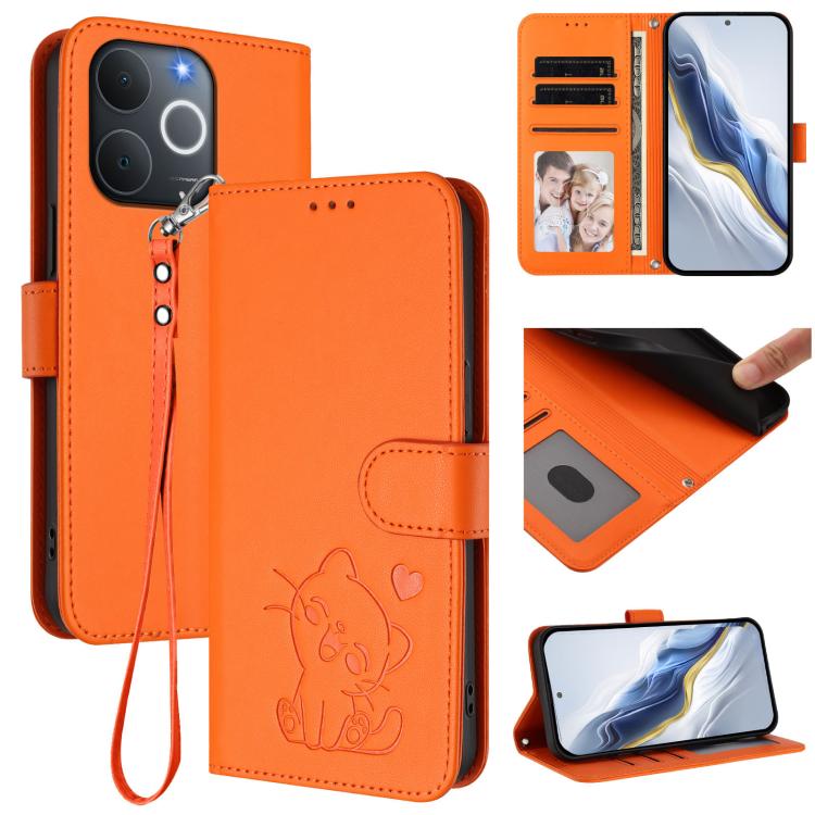 Embossed Heart Cat Leather Phone Case with Hand Strap, For Realme 16T 5G, For Realme C100 5G / C85 4G / 5G / C83 5G, For Realme Note 80 4G Global, For Realme C83 5G India / C85 5G / 15x 5G, For Realme 16 5G, For Realme 16 Pro+ 5G, For Realme 16 Pro 5G ...