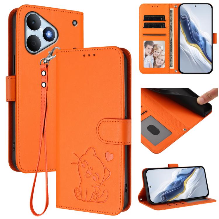 Embossed Heart Cat Leather Phone Case with Hand Strap, For Realme 16T 5G, For Realme C100 5G / C85 4G / 5G / C83 5G, For Realme Note 80 4G Global, For Realme C83 5G India / C85 5G / 15x 5G, For Realme 16 5G, For Realme 16 Pro+ 5G, For Realme 16 Pro 5G ...