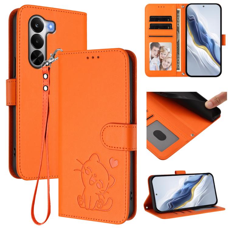 Embossed Heart Cat Leather Phone Case with Hand Strap, For Realme 16T 5G, For Realme C100 5G / C85 4G / 5G / C83 5G, For Realme Note 80 4G Global, For Realme C83 5G India / C85 5G / 15x 5G, For Realme 16 5G, For Realme 16 Pro+ 5G, For Realme 16 Pro 5G ...
