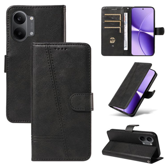 Black leather flip phone case with stitched panel and side buckle clasp