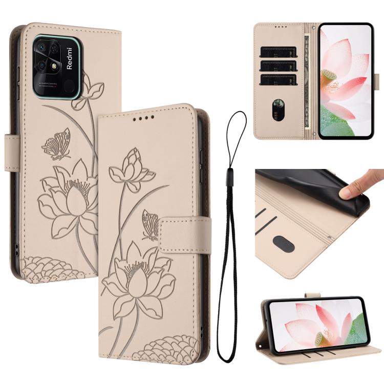 Lotus Embossed Leather Phone Case with Lanyard, For Redmi Note 12 5G Global / Poco X5, For Redmi 10C / Redmi 10 India