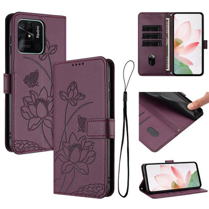 Lotus Embossed Leather Phone Case with Lanyard, For Redmi Note 12 5G Global / Poco X5, For Redmi 10C / Redmi 10 India