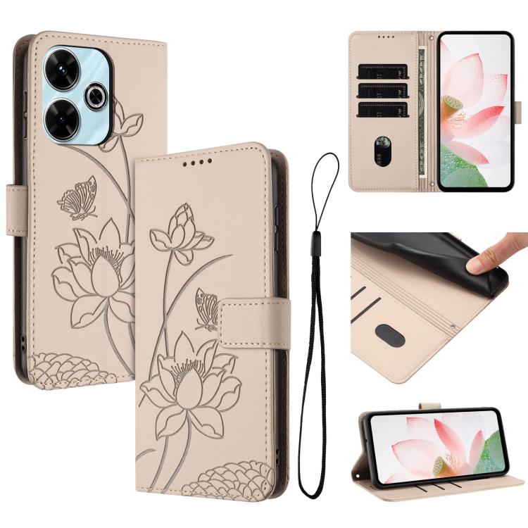 Lotus Embossed Leather Phone Case with Lanyard, For Redmi 15 5G Global / 15 4G SEA 169.5mm, For Redmi 15 5G / 4G EU 171mm, For Redmi 15C 5G/4G Global 171mm / Poco C85 4G, For Redmi 13 4G / 5G / Note 13R / Poco M6 4G, For Redmi A5 4G 171.7mm / Poco C71 ...