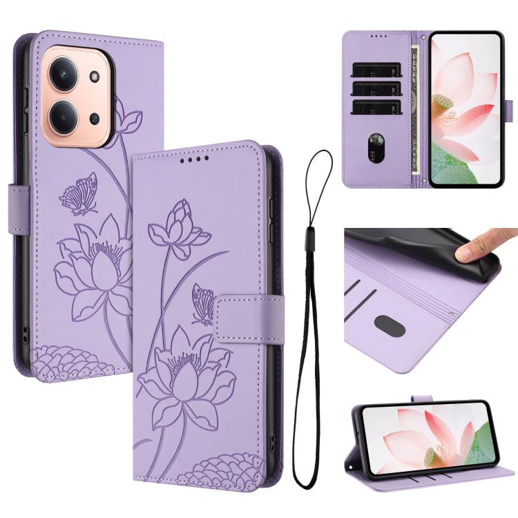 Lotus Embossed Leather Phone Case with Lanyard, For Redmi 15 5G Global / 15 4G SEA 169.5mm, For Redmi 15 5G / 4G EU 171mm, For Redmi 15C 5G/4G Global 171mm / Poco C85 4G, For Redmi 13 4G / 5G / Note 13R / Poco M6 4G, For Redmi A5 4G 171.7mm / Poco C71 ...