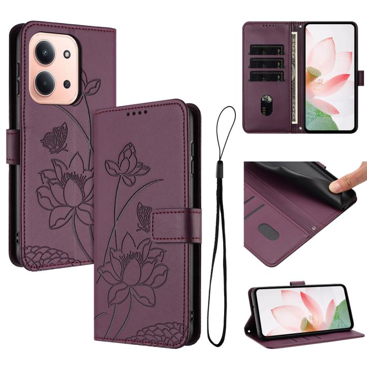 Lotus Embossed Leather Phone Case with Lanyard, For Redmi 15 5G Global / 15 4G SEA 169.5mm, For Redmi 15 5G / 4G EU 171mm, For Redmi 15C 5G/4G Global 171mm / Poco C85 4G, For Redmi 13 4G / 5G / Note 13R / Poco M6 4G, For Redmi A5 4G 171.7mm / Poco C71 ...