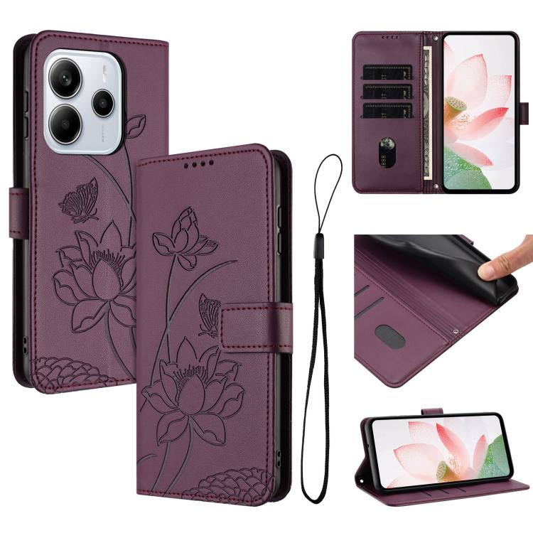 Lotus Embossed Leather Phone Case with Lanyard, For Redmi 15 5G Global / 15 4G SEA 169.5mm, For Redmi 15 5G / 4G EU 171mm, For Redmi 15C 5G/4G Global 171mm / Poco C85 4G, For Redmi 13 4G / 5G / Note 13R / Poco M6 4G, For Redmi A5 4G 171.7mm / Poco C71 ...