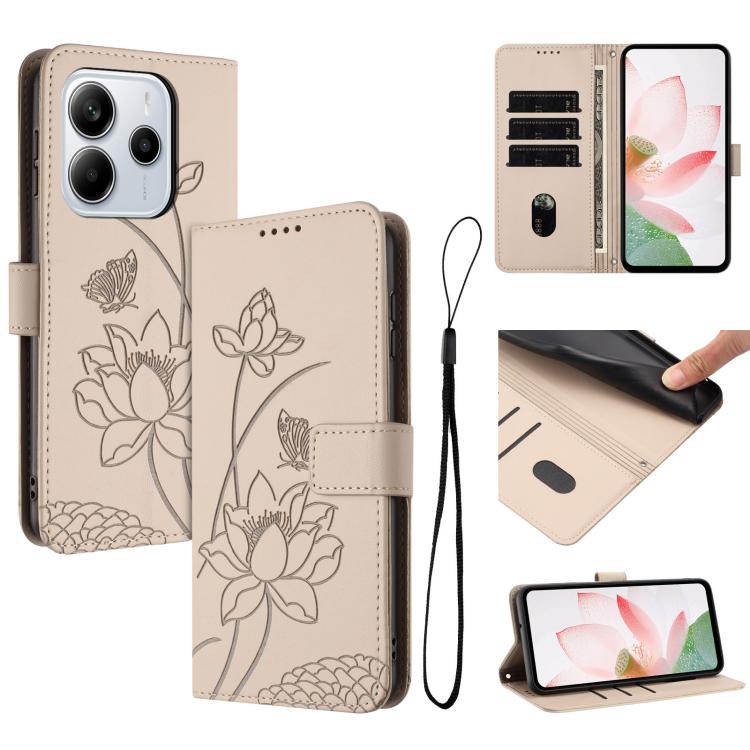 Lotus Embossed Leather Phone Case with Lanyard, For Redmi 15 5G Global / 15 4G SEA 169.5mm, For Redmi 15 5G / 4G EU 171mm, For Redmi 15C 5G/4G Global 171mm / Poco C85 4G, For Redmi 13 4G / 5G / Note 13R / Poco M6 4G, For Redmi A5 4G 171.7mm / Poco C71 ...
