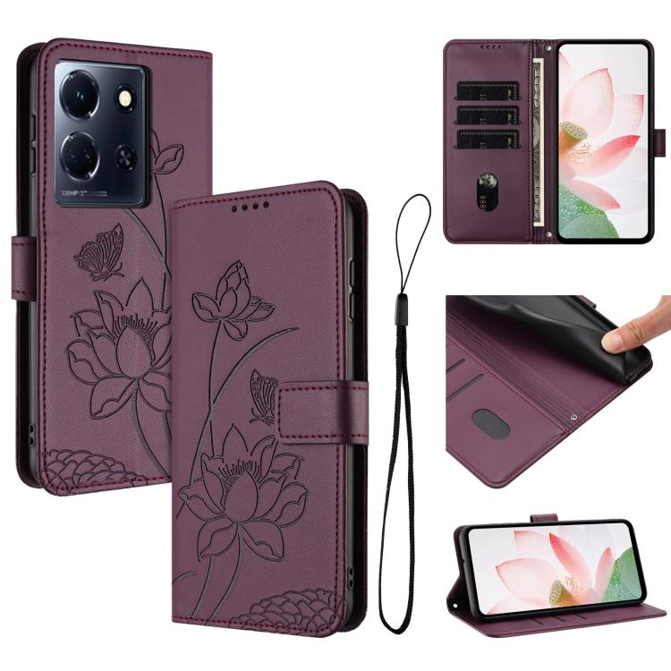 Lotus Embossed Leather Phone Case with Lanyard, For Infinix Note 30 4G / 5G, For Infinix Note 30 Pro 4G, For Infinix Note 30 VIP, For Infinix Hot 30i, For Infinix Hot 30 4G