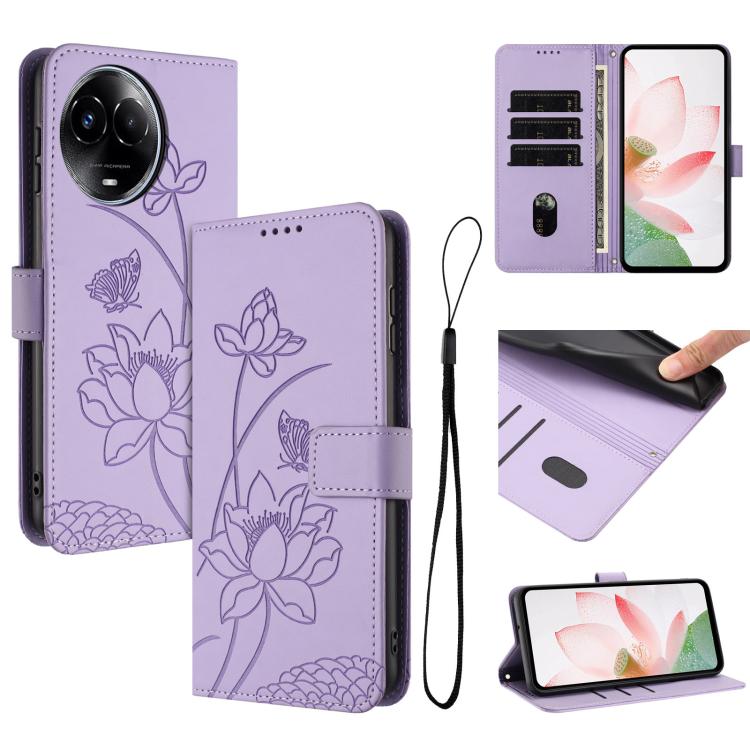 Lotus Embossed Leather Phone Case with Lanyard, For Realme 14 Pro Global, For Realme 12 5G / 13 5G / 12x 5G Global, For Realme C63 / C61 / Note 60, For Realme 13+ 5G Global, For Realme 12+ 5G / 12 4G / P1 5G Global, For Realme C67 4G Global / 12 Lite 4...