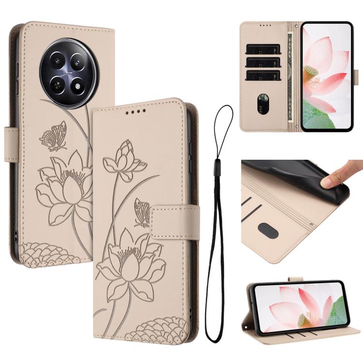 Lotus Embossed Leather Phone Case with Lanyard, For Realme 14 Pro Global, For Realme 12 5G / 13 5G / 12x 5G Global, For Realme C63 / C61 / Note 60, For Realme 13+ 5G Global, For Realme 12+ 5G / 12 4G / P1 5G Global, For Realme C67 4G Global / 12 Lite 4...