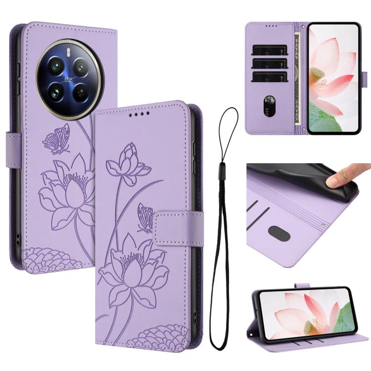Lotus Embossed Leather Phone Case with Lanyard, For Realme 14 Pro Global, For Realme 12 5G / 13 5G / 12x 5G Global, For Realme C63 / C61 / Note 60, For Realme 13+ 5G Global, For Realme 12+ 5G / 12 4G / P1 5G Global, For Realme C67 4G Global / 12 Lite 4...