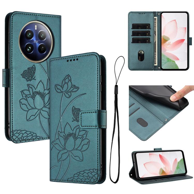 Lotus Embossed Leather Phone Case with Lanyard, For Realme 14 Pro Global, For Realme 12 5G / 13 5G / 12x 5G Global, For Realme C63 / C61 / Note 60, For Realme 13+ 5G Global, For Realme 12+ 5G / 12 4G / P1 5G Global, For Realme C67 4G Global / 12 Lite 4...