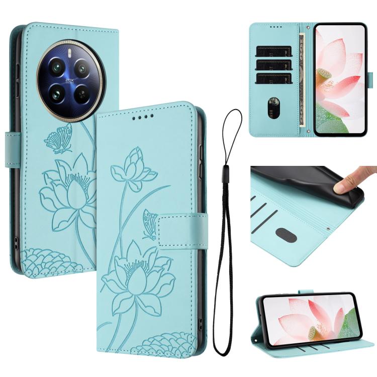 Lotus Embossed Leather Phone Case with Lanyard, For Realme 14 Pro Global, For Realme 12 5G / 13 5G / 12x 5G Global, For Realme C63 / C61 / Note 60, For Realme 13+ 5G Global, For Realme 12+ 5G / 12 4G / P1 5G Global, For Realme C67 4G Global / 12 Lite 4...
