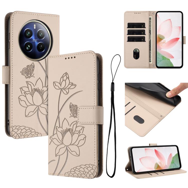 Lotus Embossed Leather Phone Case with Lanyard, For Realme 14 Pro Global, For Realme 12 5G / 13 5G / 12x 5G Global, For Realme C63 / C61 / Note 60, For Realme 13+ 5G Global, For Realme 12+ 5G / 12 4G / P1 5G Global, For Realme C67 4G Global / 12 Lite 4...