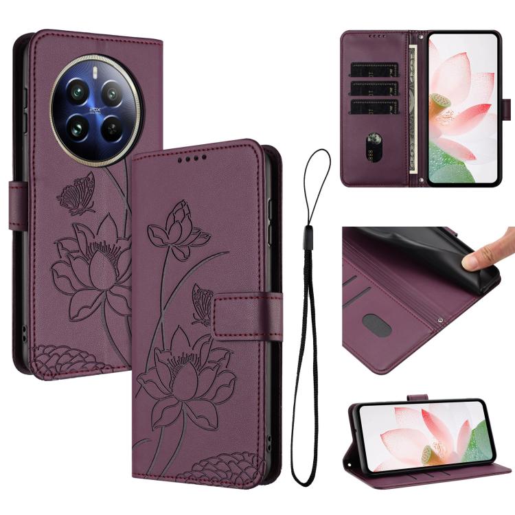 Lotus Embossed Leather Phone Case with Lanyard, For Realme 14 Pro Global, For Realme 12 5G / 13 5G / 12x 5G Global, For Realme C63 / C61 / Note 60, For Realme 13+ 5G Global, For Realme 12+ 5G / 12 4G / P1 5G Global, For Realme C67 4G Global / 12 Lite 4...