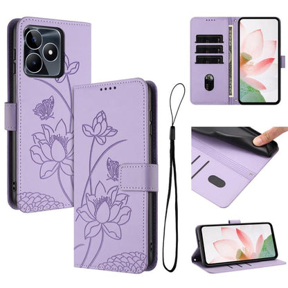 Lotus Embossed Leather Phone Case with Lanyard, For Realme 14 Pro Global, For Realme 12 5G / 13 5G / 12x 5G Global, For Realme C63 / C61 / Note 60, For Realme 13+ 5G Global, For Realme 12+ 5G / 12 4G / P1 5G Global, For Realme C67 4G Global / 12 Lite 4...