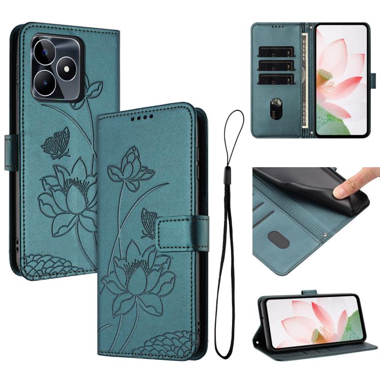 Lotus Embossed Leather Phone Case with Lanyard, For Realme 14 Pro Global, For Realme 12 5G / 13 5G / 12x 5G Global, For Realme C63 / C61 / Note 60, For Realme 13+ 5G Global, For Realme 12+ 5G / 12 4G / P1 5G Global, For Realme C67 4G Global / 12 Lite 4...