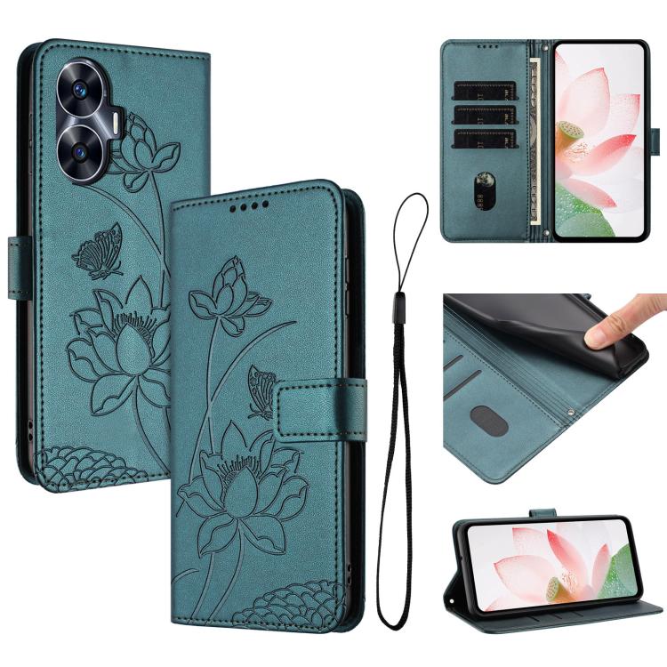 Lotus Embossed Leather Phone Case with Lanyard, For Realme 14 Pro Global, For Realme 12 5G / 13 5G / 12x 5G Global, For Realme C63 / C61 / Note 60, For Realme 13+ 5G Global, For Realme 12+ 5G / 12 4G / P1 5G Global, For Realme C67 4G Global / 12 Lite 4...