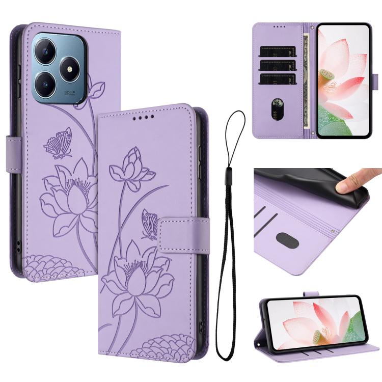 Lotus Embossed Leather Phone Case with Lanyard, For Realme 14 Pro Global, For Realme 12 5G / 13 5G / 12x 5G Global, For Realme C63 / C61 / Note 60, For Realme 13+ 5G Global, For Realme 12+ 5G / 12 4G / P1 5G Global, For Realme C67 4G Global / 12 Lite 4...