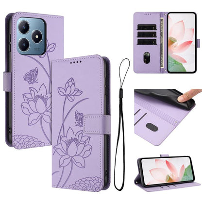 Lotus Embossed Leather Phone Case with Lanyard, For Realme 14 Pro Global, For Realme 12 5G / 13 5G / 12x 5G Global, For Realme C63 / C61 / Note 60, For Realme 13+ 5G Global, For Realme 12+ 5G / 12 4G / P1 5G Global, For Realme C67 4G Global / 12 Lite 4...