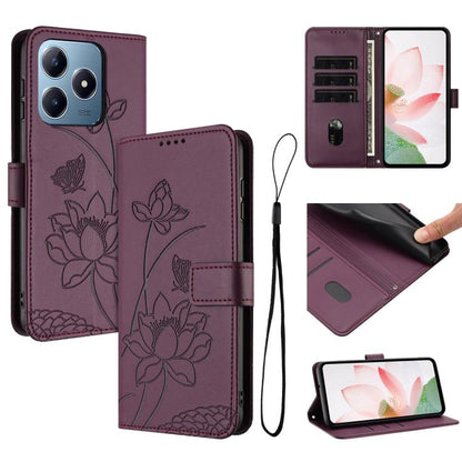 Lotus Embossed Leather Phone Case with Lanyard, For Realme 14 Pro Global, For Realme 12 5G / 13 5G / 12x 5G Global, For Realme C63 / C61 / Note 60, For Realme 13+ 5G Global, For Realme 12+ 5G / 12 4G / P1 5G Global, For Realme C67 4G Global / 12 Lite 4...