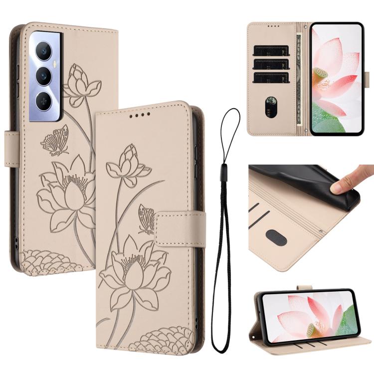 Lotus Embossed Leather Phone Case with Lanyard, For Realme 14 Pro Global, For Realme 12 5G / 13 5G / 12x 5G Global, For Realme C63 / C61 / Note 60, For Realme 13+ 5G Global, For Realme 12+ 5G / 12 4G / P1 5G Global, For Realme C67 4G Global / 12 Lite 4...