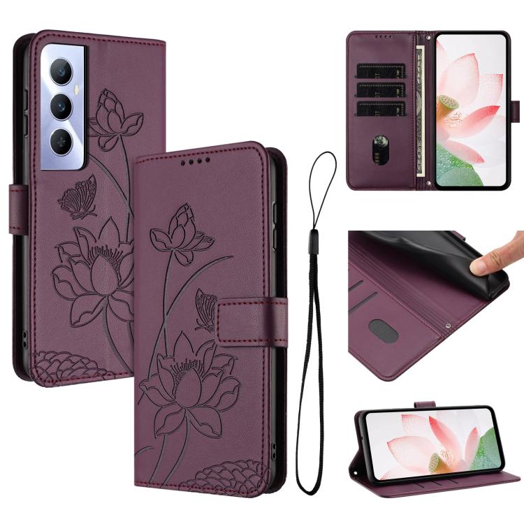 Lotus Embossed Leather Phone Case with Lanyard, For Realme 14 Pro Global, For Realme 12 5G / 13 5G / 12x 5G Global, For Realme C63 / C61 / Note 60, For Realme 13+ 5G Global, For Realme 12+ 5G / 12 4G / P1 5G Global, For Realme C67 4G Global / 12 Lite 4...