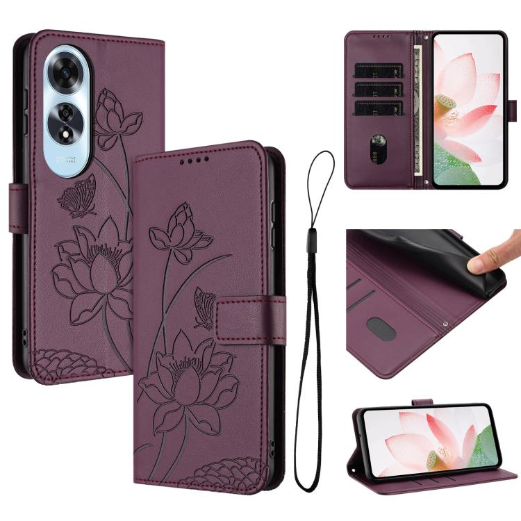 Lotus Embossed Leather Phone Case with Lanyard, For OPPO Reno13 Pro 5G Global, For OPPO Reno13 5G Global, For OPPO Reno13 F 5G / 4G Global, For OPPO Reno12 F 5G / 4G Global, For OPPO Reno12 Pro 5G Global, For OPPO Reno12 5G Global, For OPPO A60 4G Glob...