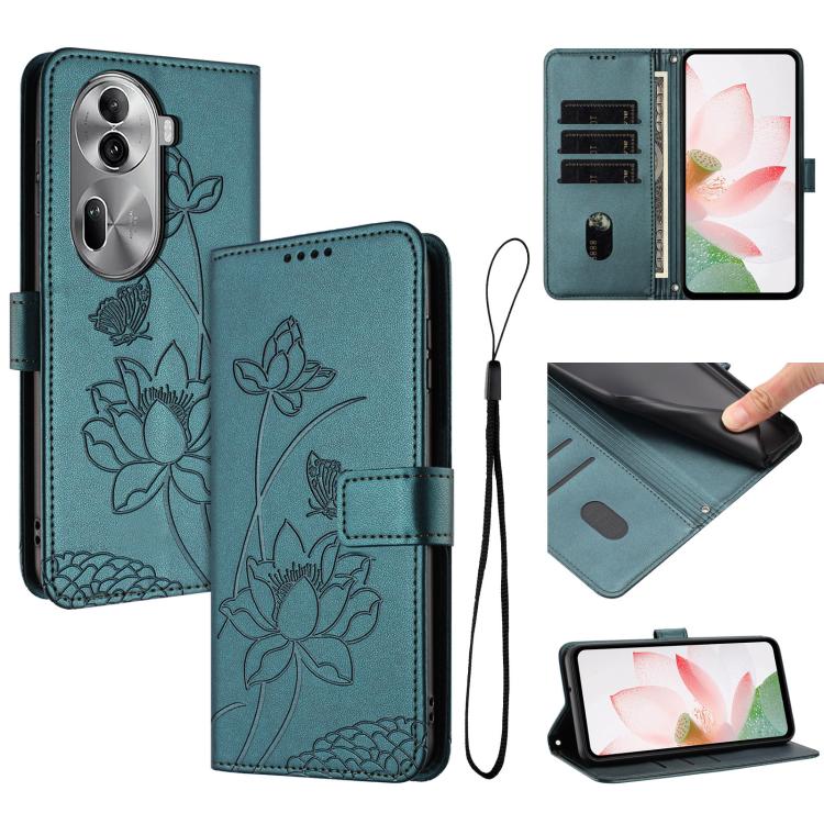 Lotus Embossed Leather Phone Case with Lanyard, For OPPO Reno13 Pro 5G Global, For OPPO Reno13 5G Global, For OPPO Reno13 F 5G / 4G Global, For OPPO Reno12 F 5G / 4G Global, For OPPO Reno12 Pro 5G Global, For OPPO Reno12 5G Global, For OPPO A60 4G Glob...