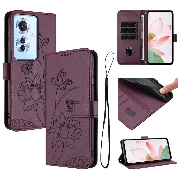 Lotus Embossed Leather Phone Case with Lanyard, For OPPO Reno13 Pro 5G Global, For OPPO Reno13 5G Global, For OPPO Reno13 F 5G / 4G Global, For OPPO Reno12 F 5G / 4G Global, For OPPO Reno12 Pro 5G Global, For OPPO Reno12 5G Global, For OPPO A60 4G Glob...