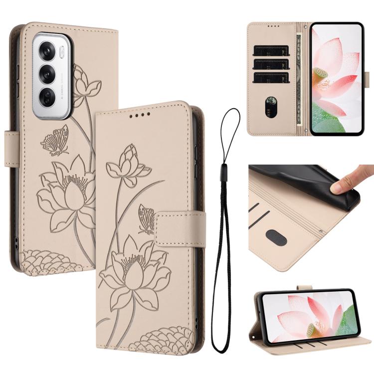 Lotus Embossed Leather Phone Case with Lanyard, For OPPO Reno13 Pro 5G Global, For OPPO Reno13 5G Global, For OPPO Reno13 F 5G / 4G Global, For OPPO Reno12 F 5G / 4G Global, For OPPO Reno12 Pro 5G Global, For OPPO Reno12 5G Global, For OPPO A60 4G Glob...