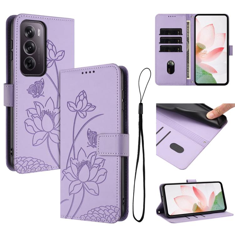 Lotus Embossed Leather Phone Case with Lanyard, For OPPO Reno13 Pro 5G Global, For OPPO Reno13 5G Global, For OPPO Reno13 F 5G / 4G Global, For OPPO Reno12 F 5G / 4G Global, For OPPO Reno12 Pro 5G Global, For OPPO Reno12 5G Global, For OPPO A60 4G Glob...