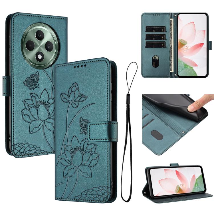 Lotus Embossed Leather Phone Case with Lanyard, For OPPO Reno13 Pro 5G Global, For OPPO Reno13 5G Global, For OPPO Reno13 F 5G / 4G Global, For OPPO Reno12 F 5G / 4G Global, For OPPO Reno12 Pro 5G Global, For OPPO Reno12 5G Global, For OPPO A60 4G Glob...