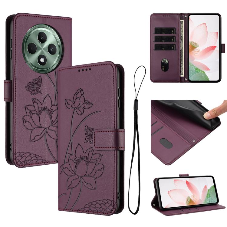Lotus Embossed Leather Phone Case with Lanyard, For OPPO Reno13 Pro 5G Global, For OPPO Reno13 5G Global, For OPPO Reno13 F 5G / 4G Global, For OPPO Reno12 F 5G / 4G Global, For OPPO Reno12 Pro 5G Global, For OPPO Reno12 5G Global, For OPPO A60 4G Glob...
