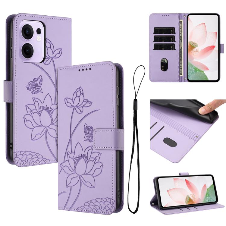 Lotus Embossed Leather Phone Case with Lanyard, For OPPO Reno13 Pro 5G Global, For OPPO Reno13 5G Global, For OPPO Reno13 F 5G / 4G Global, For OPPO Reno12 F 5G / 4G Global, For OPPO Reno12 Pro 5G Global, For OPPO Reno12 5G Global, For OPPO A60 4G Glob...