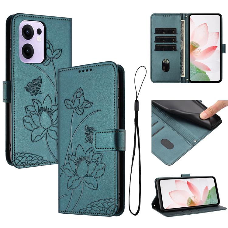 Lotus Embossed Leather Phone Case with Lanyard, For OPPO Reno13 Pro 5G Global, For OPPO Reno13 5G Global, For OPPO Reno13 F 5G / 4G Global, For OPPO Reno12 F 5G / 4G Global, For OPPO Reno12 Pro 5G Global, For OPPO Reno12 5G Global, For OPPO A60 4G Glob...
