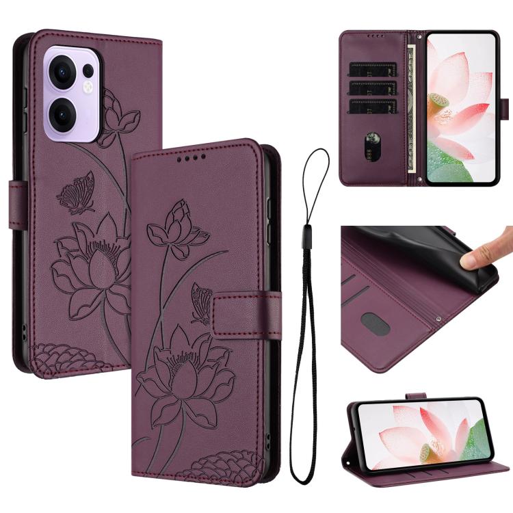 Lotus Embossed Leather Phone Case with Lanyard, For OPPO Reno13 Pro 5G Global, For OPPO Reno13 5G Global, For OPPO Reno13 F 5G / 4G Global, For OPPO Reno12 F 5G / 4G Global, For OPPO Reno12 Pro 5G Global, For OPPO Reno12 5G Global, For OPPO A60 4G Glob...