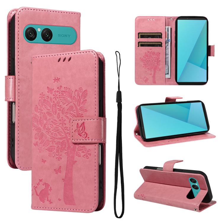 Tree & Cat Embossed Pattern Flip Leather Phone Case, For Sony Xperia 1 VIII, For Sony Xperia 10 VII