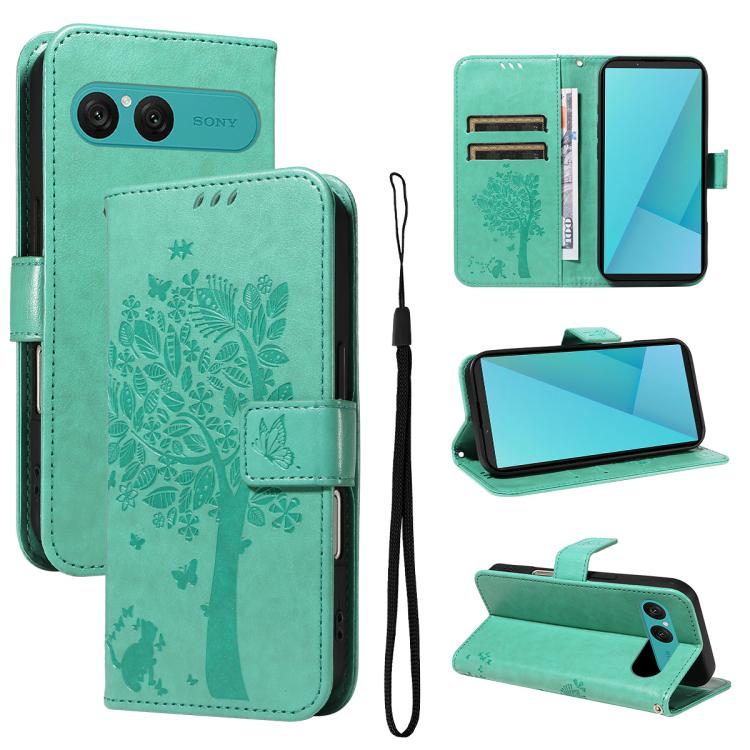 Tree & Cat Embossed Pattern Flip Leather Phone Case, For Sony Xperia 1 VIII, For Sony Xperia 10 VII
