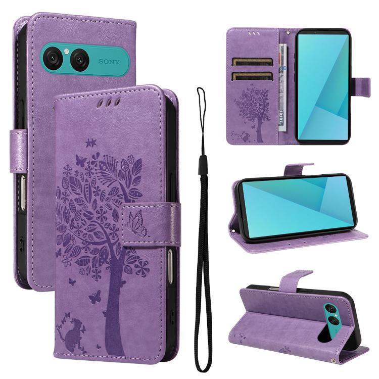 Tree & Cat Embossed Pattern Flip Leather Phone Case, For Sony Xperia 1 VIII, For Sony Xperia 10 VII
